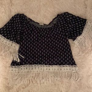 Navy blue top with fringe sleeves and bottom size medium